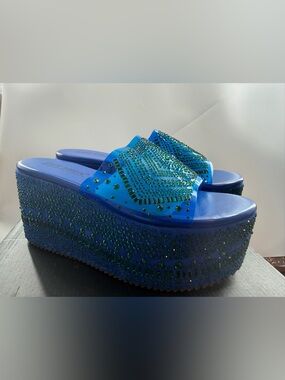 New Dazzle Blue Slip On 3" Platform Sparkling Rhinestone Flatform Sandals size 6